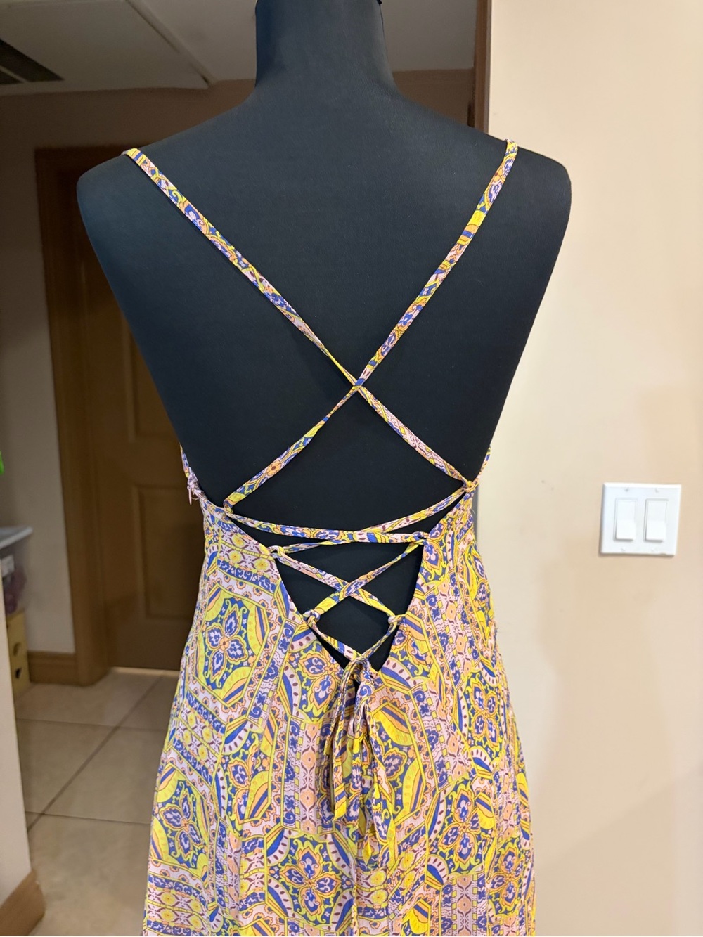 Moon River Yellow & Pink Mosaic-Print Spaghetti Strap Midi Dress - Picture 6 of 7